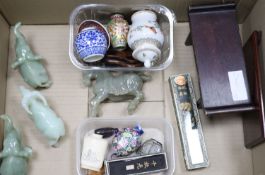 A collection of Chinese hardstone animals, collection of snuff bottles and small ornaments and two