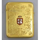 A gilt metal card case, with enamelled armorial badge, 10c,