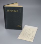 A letter written by W.G. Grace, with a copy of his book Cricket, 1891