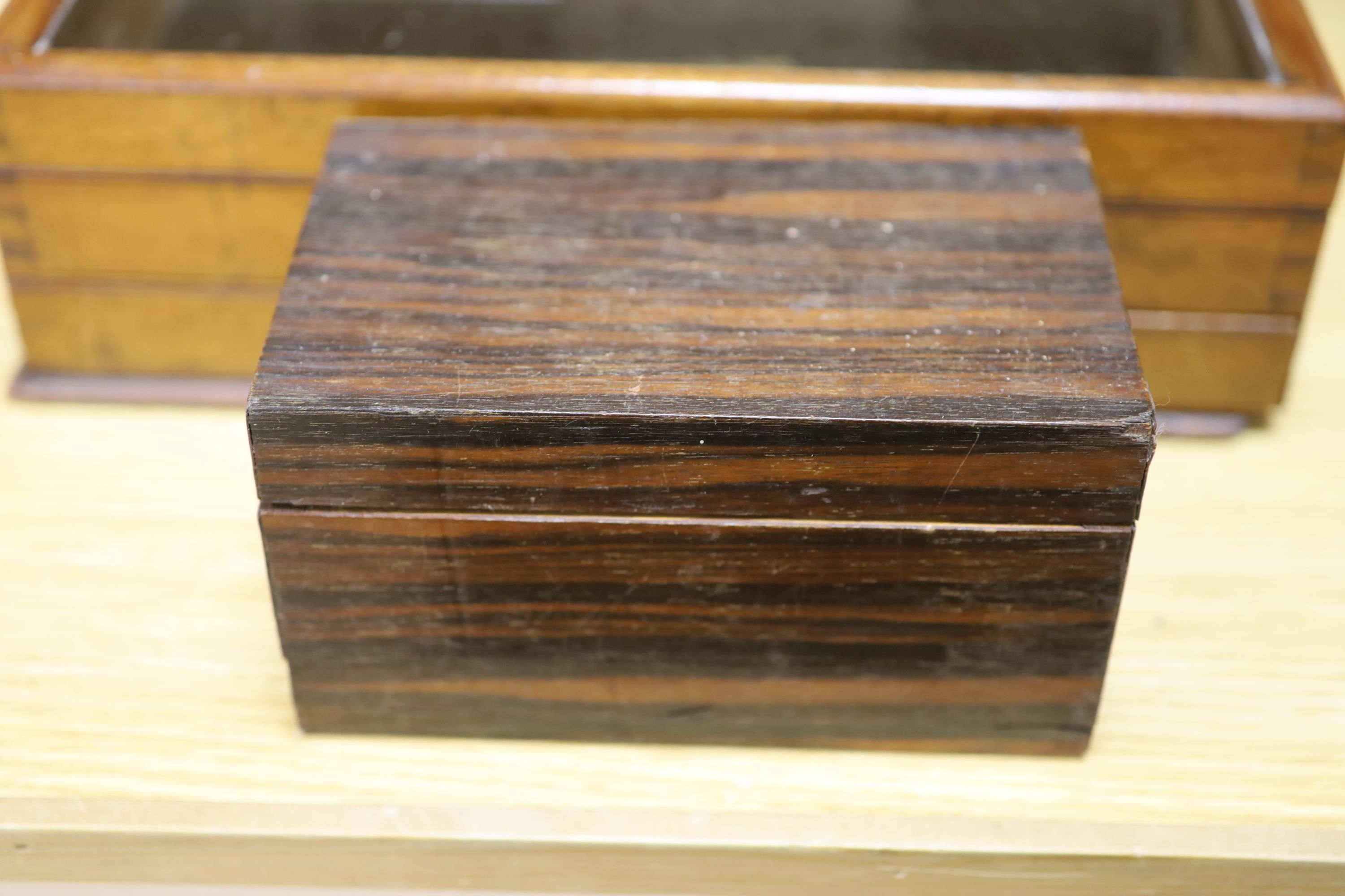 A display box, three snuff boxes, a Victorian brass bound oak document box and a coromandel box - Image 2 of 7