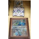 A framed glazed earthenware plaque, a tin glazed tile and one other