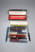 A collection of fountain pens and pencils including a brushed steel Parker 61, cased, four other