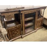 A late Victorian figured walnut breakfront side cabinet, width 168cm depth 43cm height 104cm