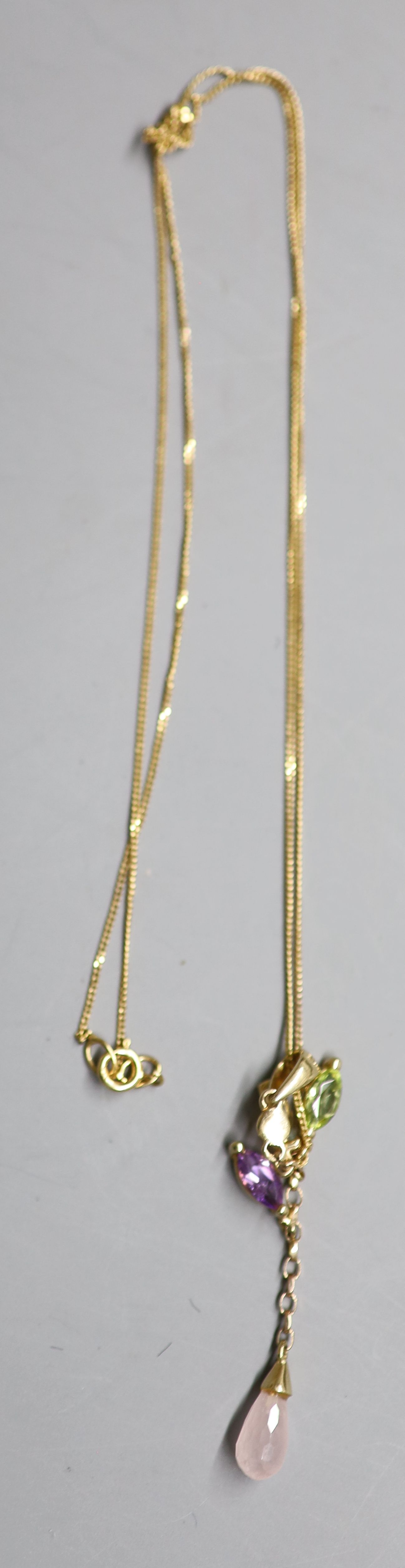 A modern 9ct gold and multi gem set drop pendant, 38mm, on a 9ct gold fine link chain (knotted), - Image 2 of 2