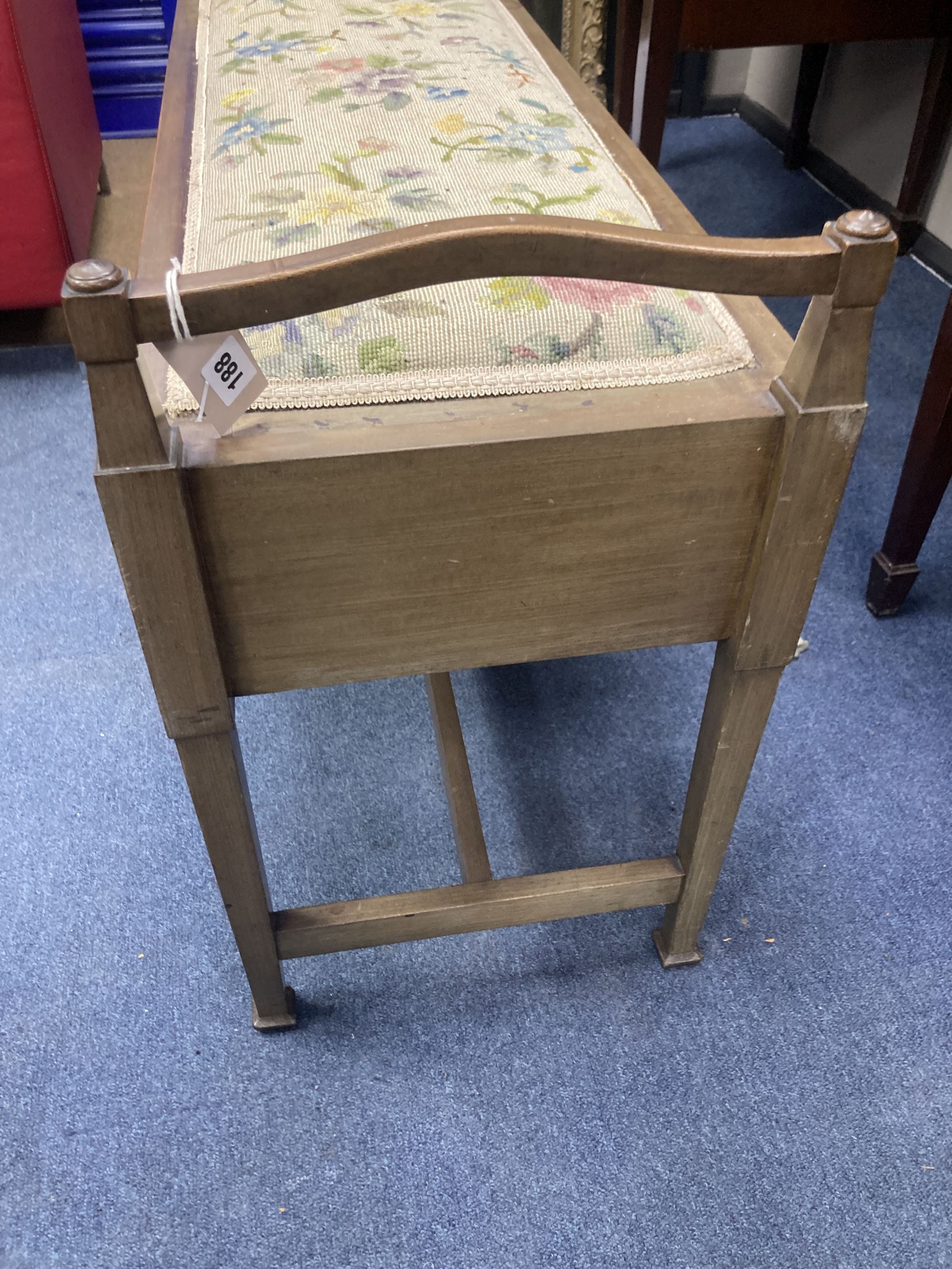 An Edwardian mahogany box seat duet piano stool, width 97cm, depth 36cm, height 61cm - Image 3 of 3