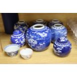 Seven Chinese blue and white jars and two Chinese tea bowls, largest 17cm