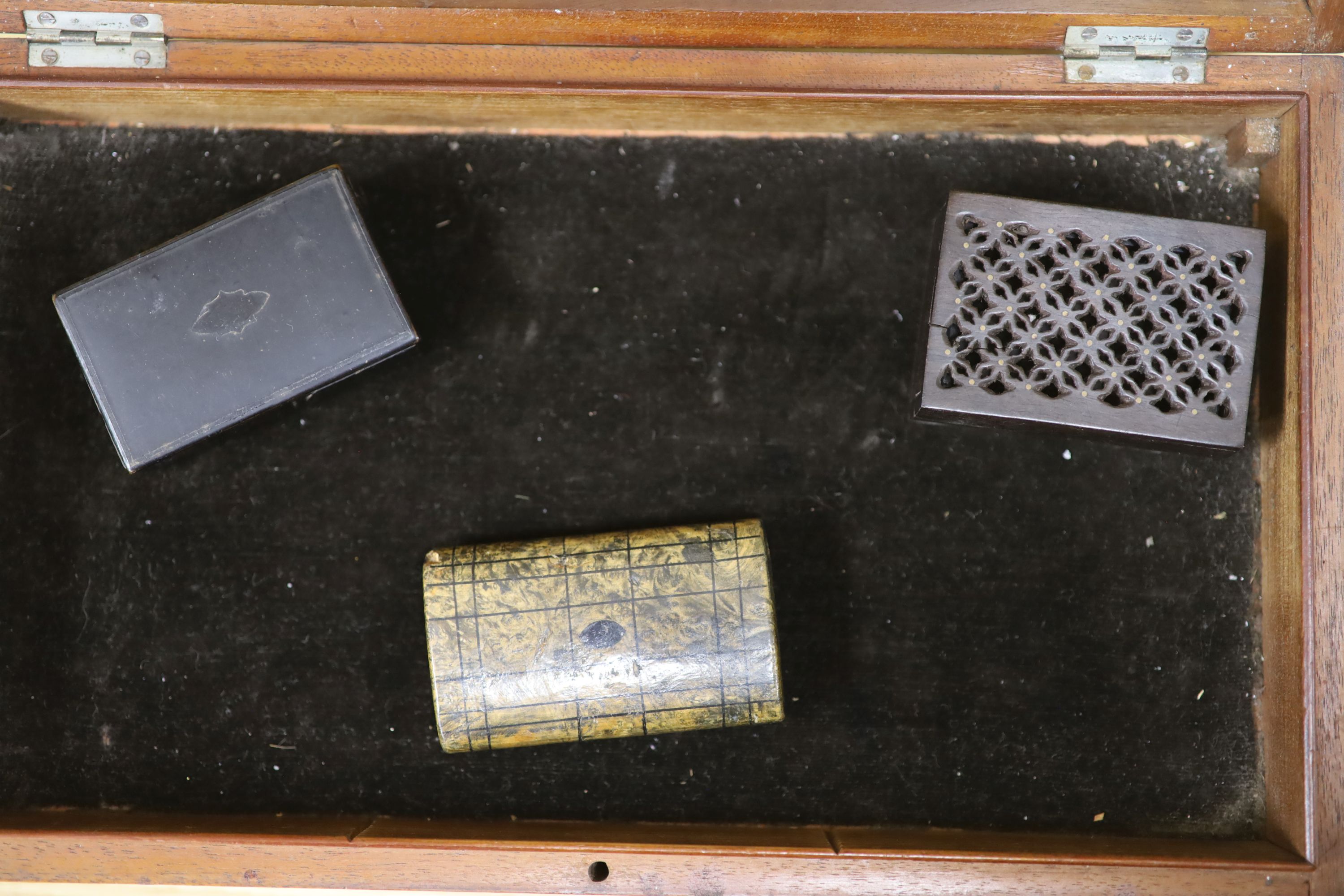 A display box, three snuff boxes, a Victorian brass bound oak document box and a coromandel box - Image 5 of 7