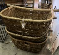 Three wicker grape harvest hods, width 87cm, depth 48cm, height 30cm