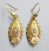 A pair of Victorian yellow metal, enamel and split pearl set ovoid earrings, 42mm, gross 5.5 grams.