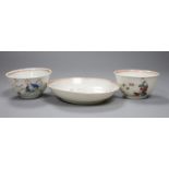 An 18th century Chinese tea bowl and saucer, and a similar tea bowl, height 4cm