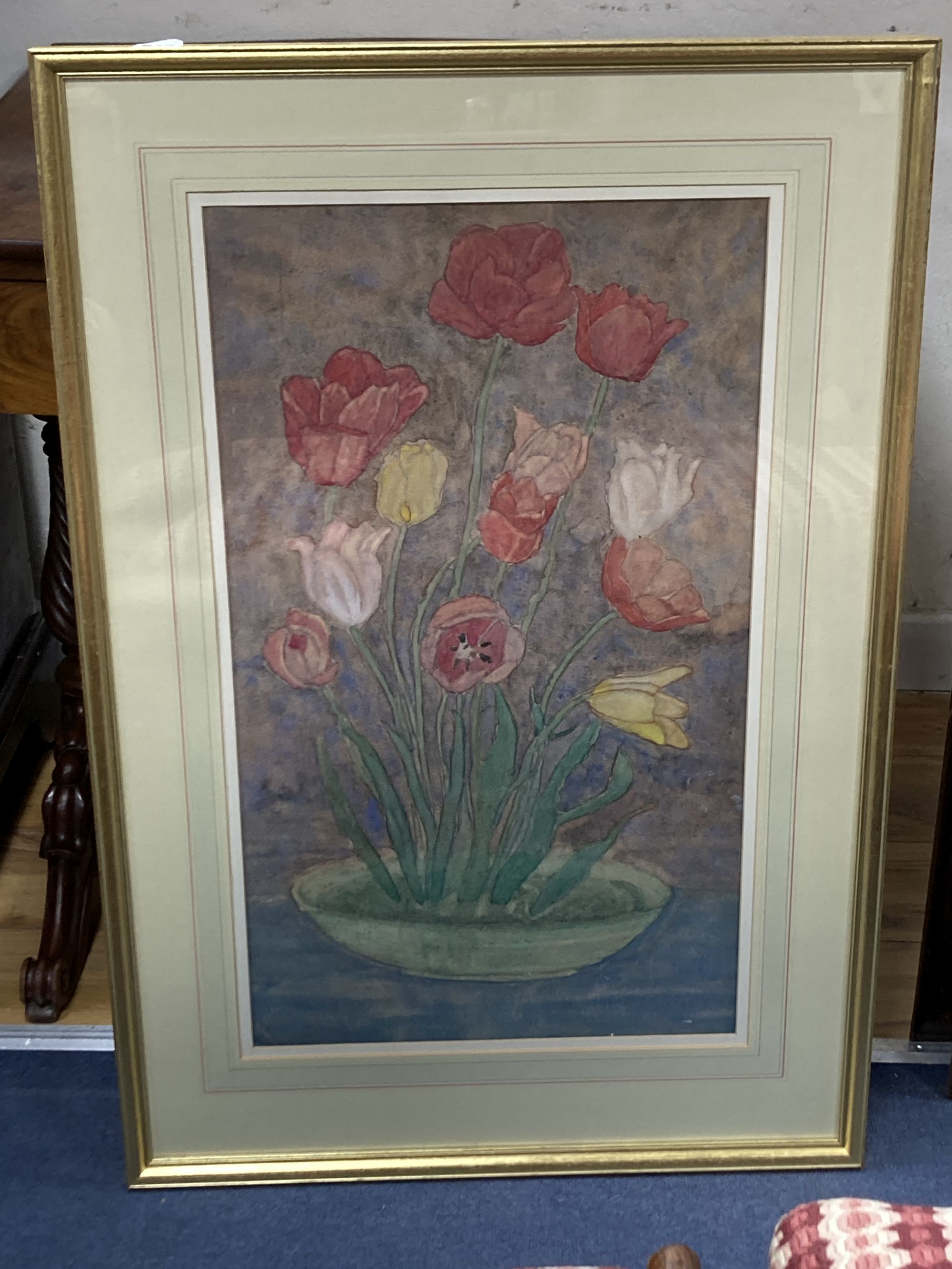 Modern British, watercolour, Still life of tulips in a bowl, 66 x 38cm - Image 2 of 3