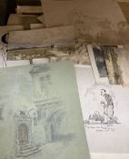 A folio of 19th century and later watercolours and drawings including landscape studies, a sketch of