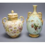 A Worcester blush ivory floral lidded jar and a similar floral vase, late 19th century, tallest 24.