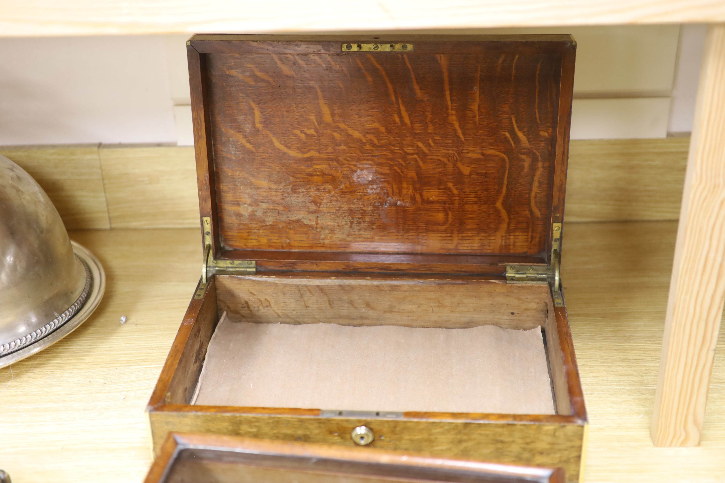 A display box, three snuff boxes, a Victorian brass bound oak document box and a coromandel box - Image 6 of 7