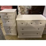 A contemporary white five drawer chest, together with a pair of matching three drawer bedside