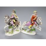 A pair of Meissen equestrian hunting figures, mid 18th century, 9cm one with feint crossed swords