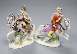 A pair of Meissen equestrian hunting figures, mid 18th century, 9cm one with feint crossed swords