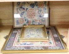 Three Chinese embroidered silk floral panels and a similar woven with objects, 19th