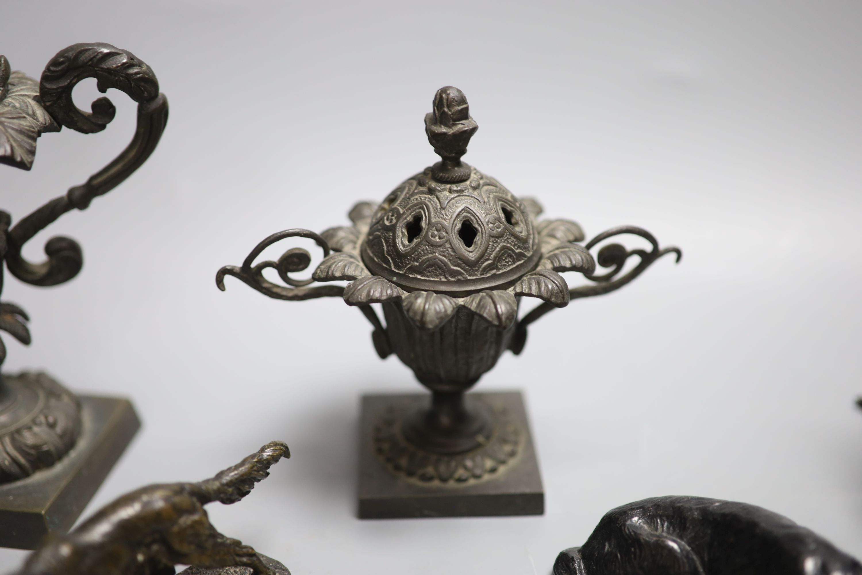 A collection of bronze and metal animals, sun dial and lidded urns etc - Image 4 of 6