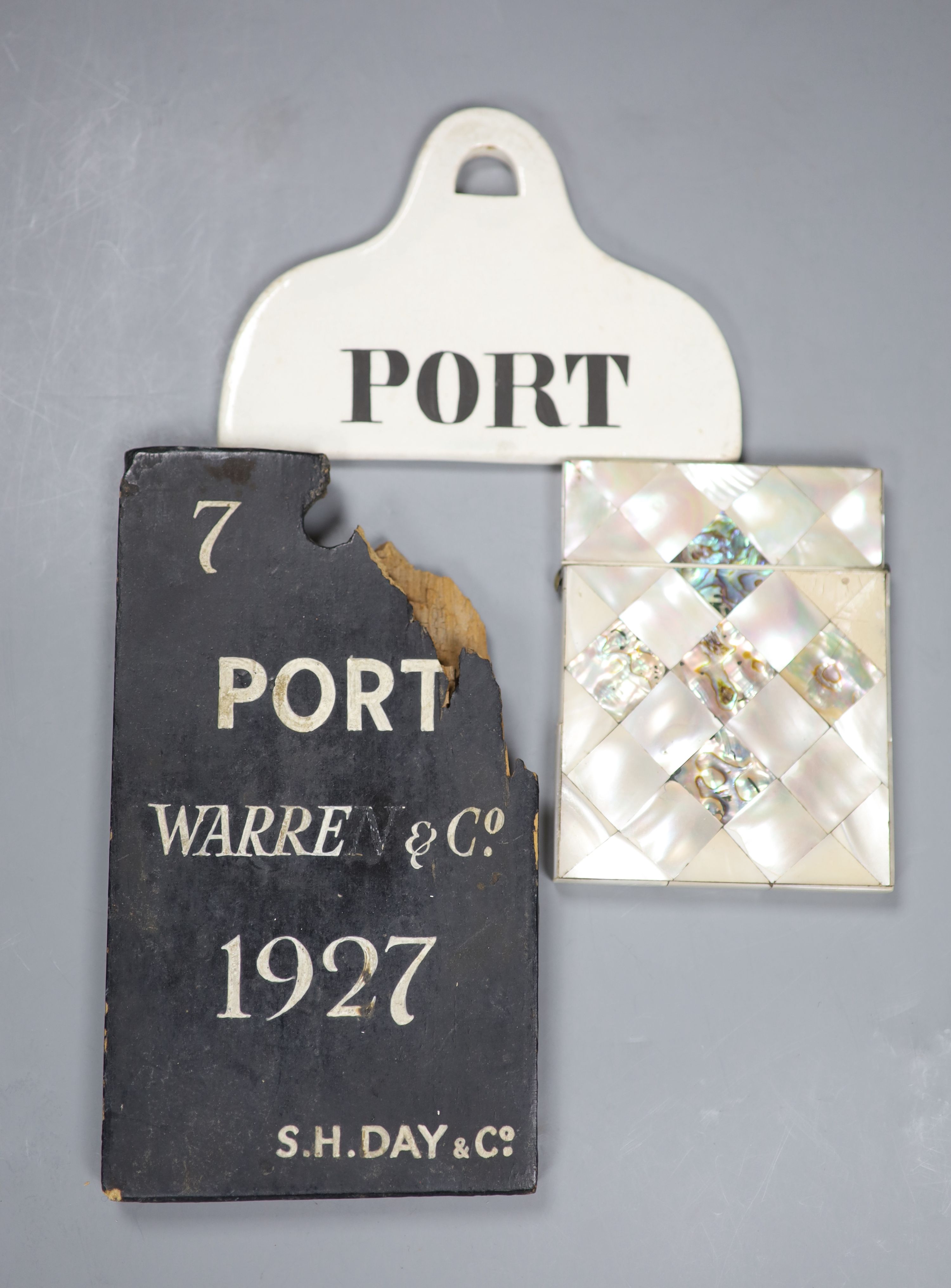 Two Port labels and a mother of pearl card case, height 10cm
