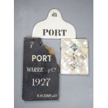 Two Port labels and a mother of pearl card case, height 10cm
