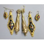 A pair of ornate Victorian gilt metal teardrop shaped earrings, 86mm and two later pairs.