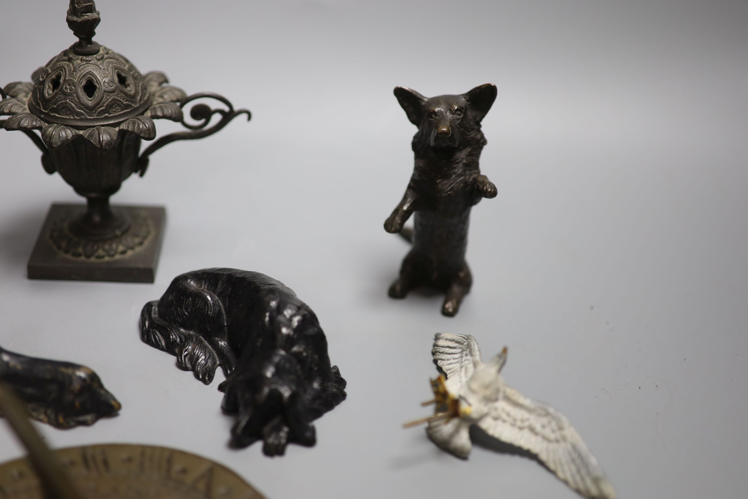 A collection of bronze and metal animals, sun dial and lidded urns etc - Image 5 of 6