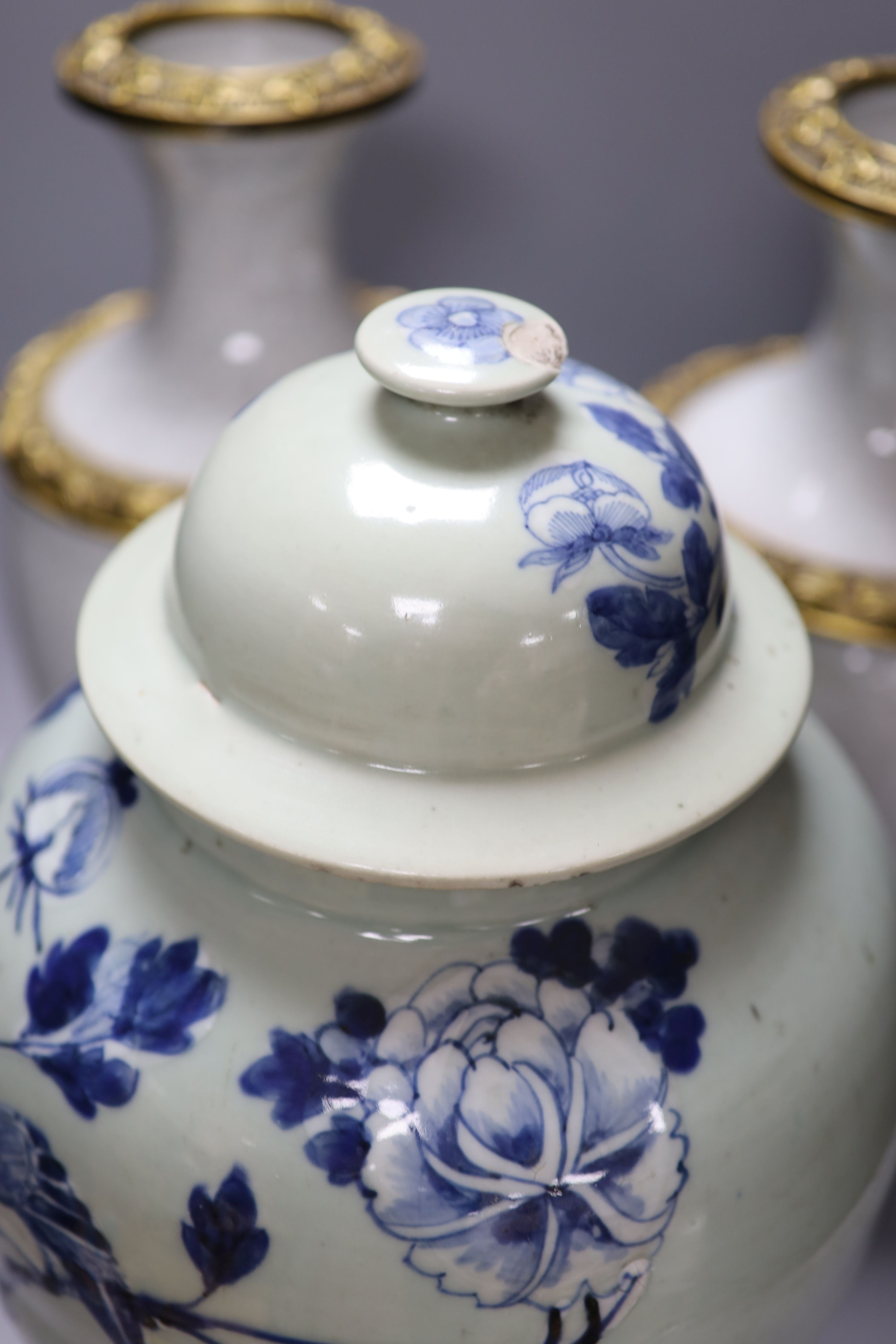 A pair of Chinese crackleglaze vases and a blue and white vase and cover, height 43cm - Image 3 of 6