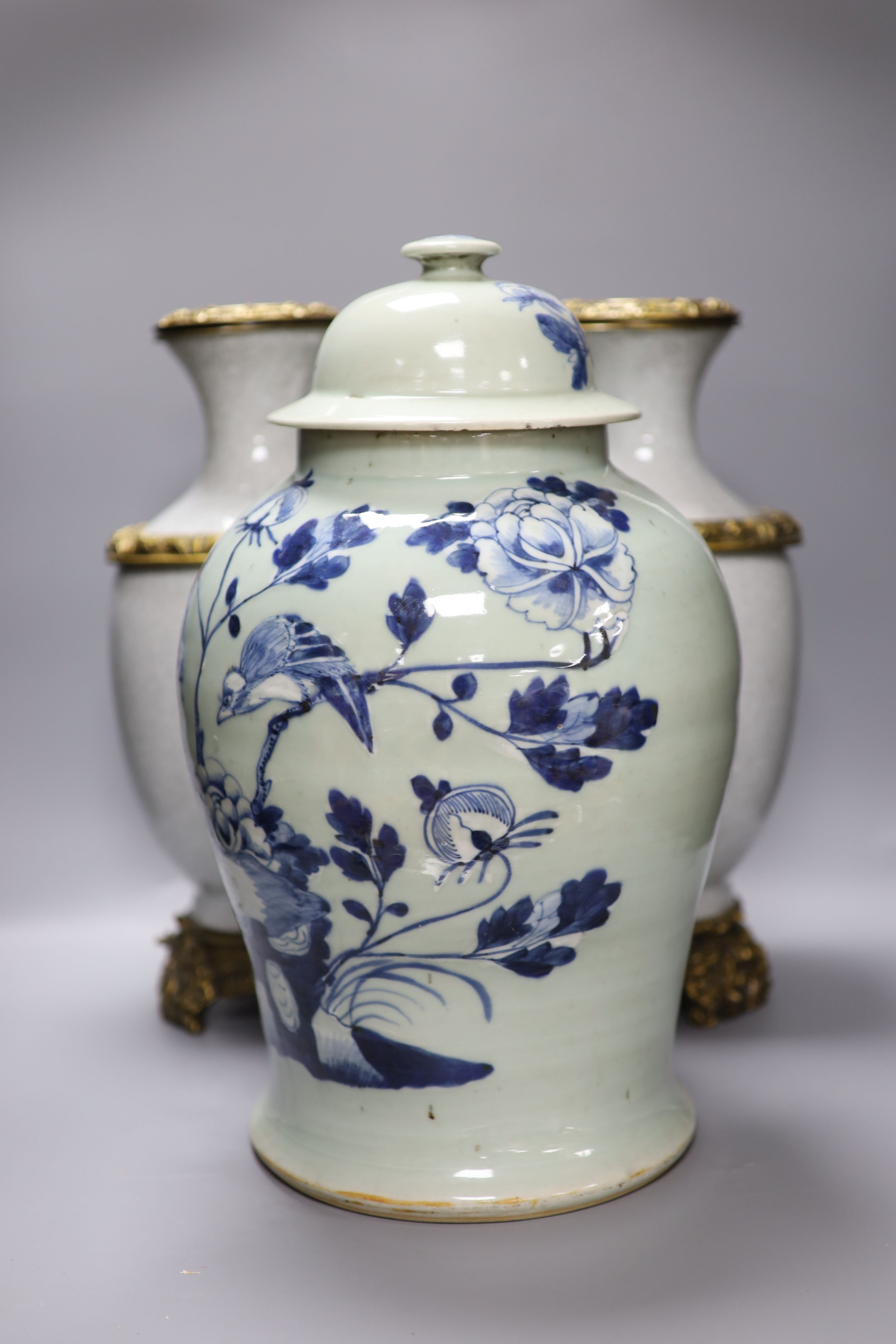A pair of Chinese crackleglaze vases and a blue and white vase and cover, height 43cm - Image 2 of 6
