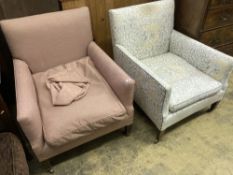 A pair of Edwardian Howard & Son upholstered square framed armchairs with stamped legs and