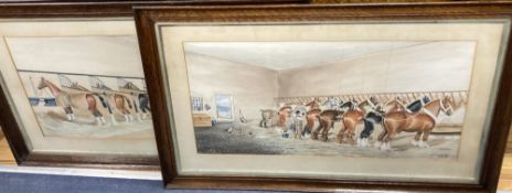 Henry William Standing (1894-1931), pair of watercolours, Heavy horses and groom in a stall,