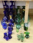 A collection of gilded blue and green glass, Bohemian and other glass