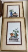 19th century Chinese School, pair of gouache on pith paper, Still lifes of fruit and flower vases on