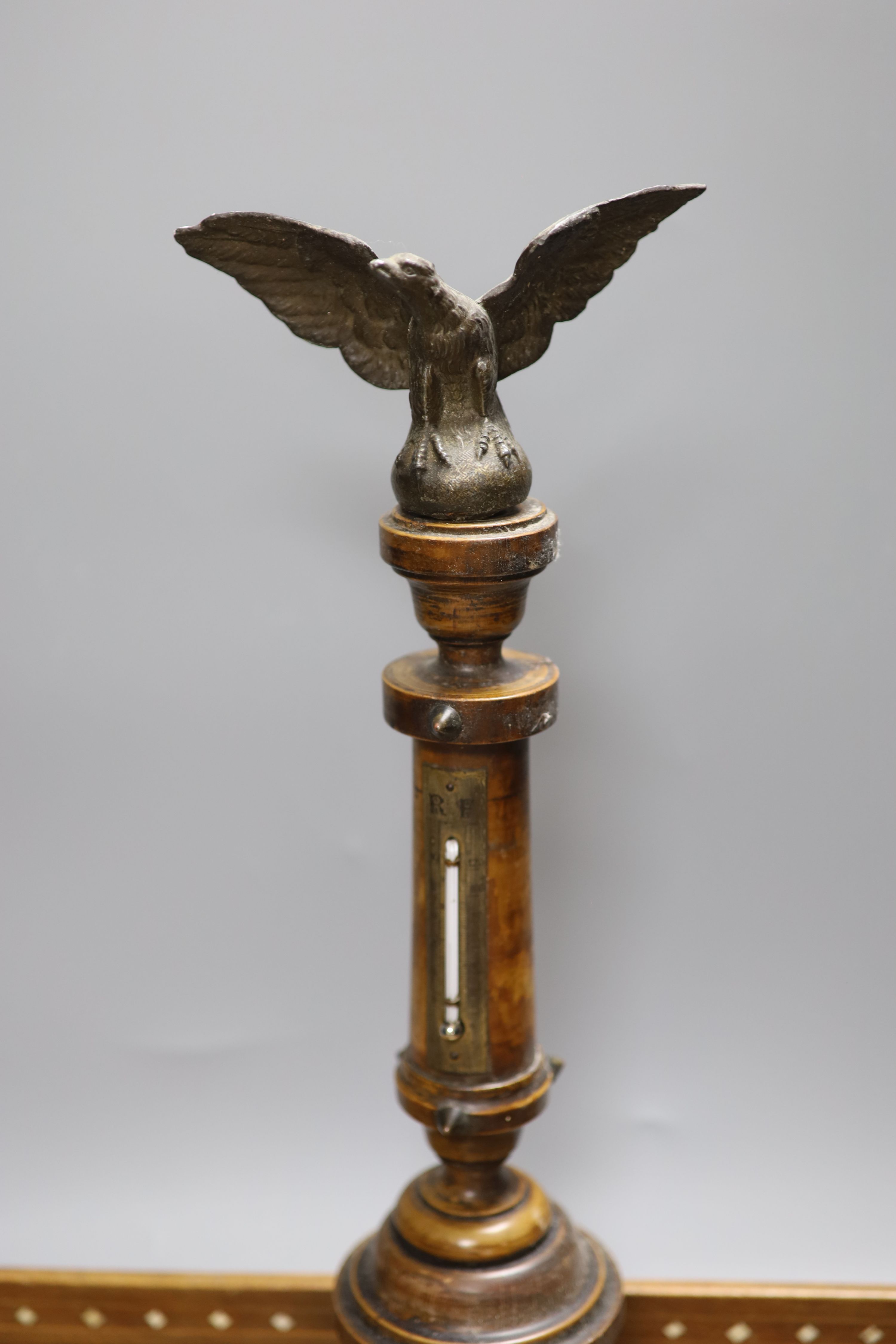 A Victorian eagle surmounted wooden columned table thermometer and an ornate inlaid tray, length - Image 2 of 3