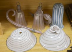 A collection of Italian glass lighting, comprising a near pair of brown and white striped circular