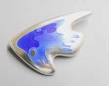 A Henning Koppel for Georg Jensen 925 and two colour blue enamel stylised fish brooch, design no.