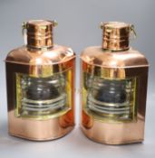 A pair of Ouvrard & Villars copper and brass ship lanterns, height 36cm