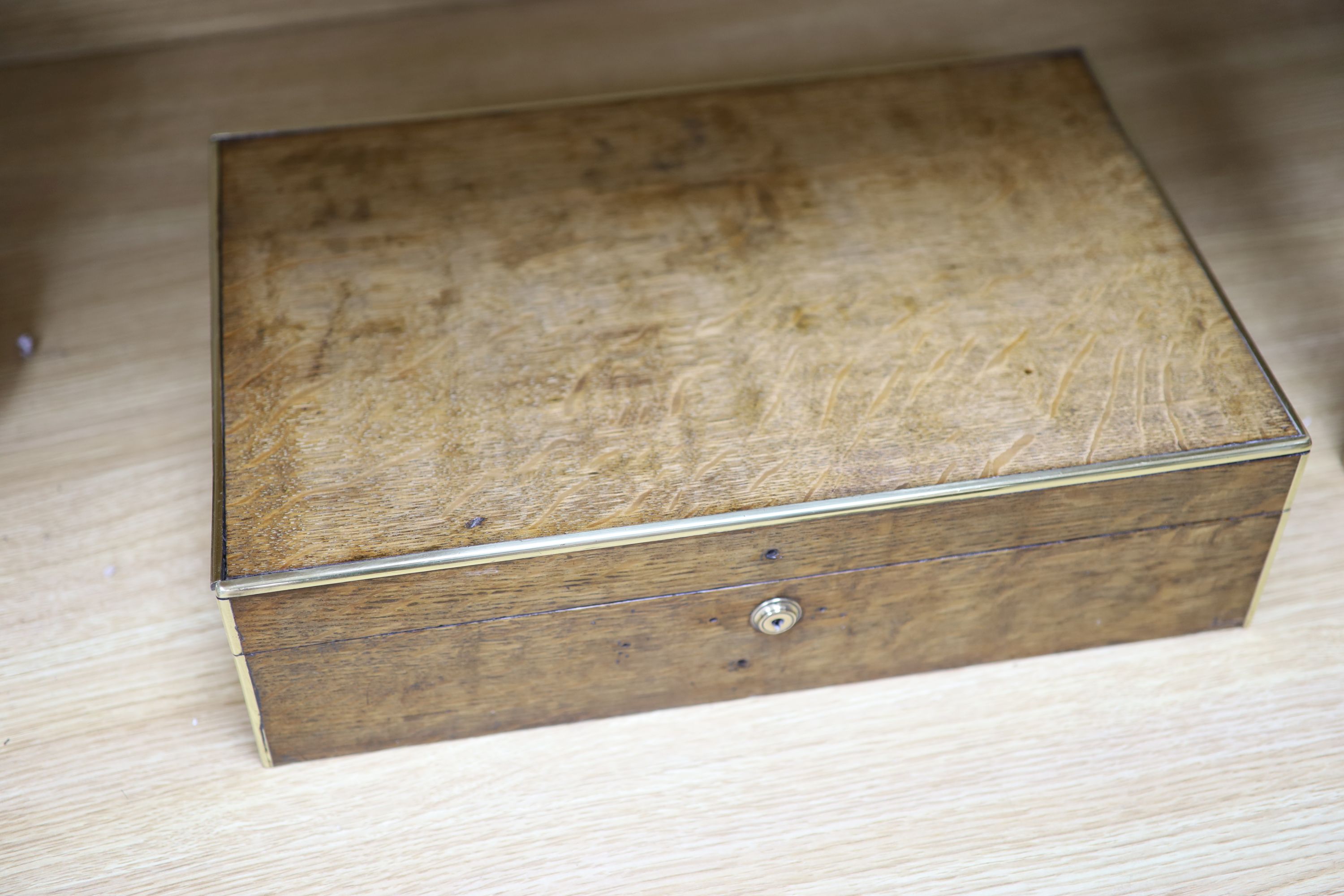 A display box, three snuff boxes, a Victorian brass bound oak document box and a coromandel box - Image 7 of 7