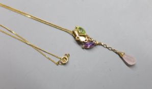 A modern 9ct gold and multi gem set drop pendant, 38mm, on a 9ct gold fine link chain (knotted),