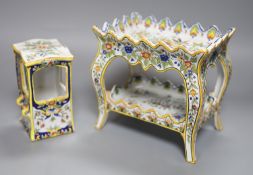 A faience model table and sedan chair, tallest 16.5cm