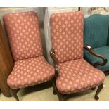 A pair of George I style upholstered mahogany dining chairs (one with arms), width 64cm depth 64cm