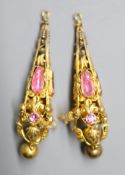 A pair of Victorian pierced yellow metal, foil back pink paste and simulated pearl set drop