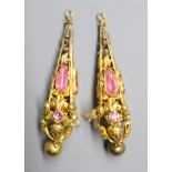 A pair of Victorian pierced yellow metal, foil back pink paste and simulated pearl set drop