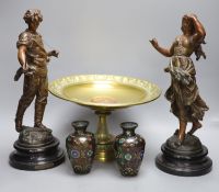 A pair of spelter figures, a pair of cloisonne vases and a Victorian brass and copper tazza, tallest