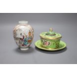 A Sampson Hancock Derby inkwell and a Chinese famille rose vase, Qianlong, height 10.5cm