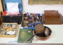 A quantity of mixed collectables to include paper wine labels, toy cars, cloisonne, a book, copper