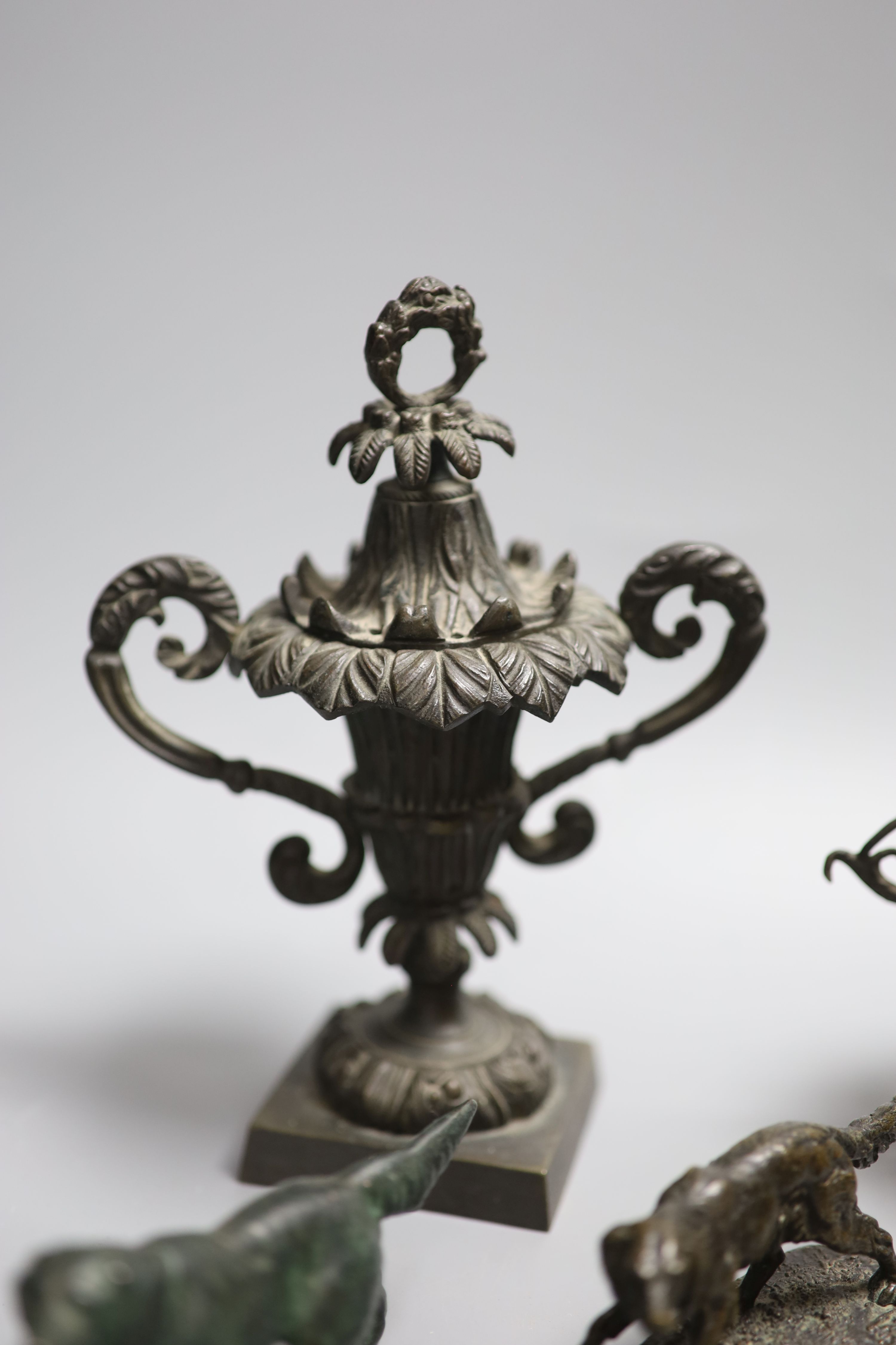 A collection of bronze and metal animals, sun dial and lidded urns etc - Image 3 of 6