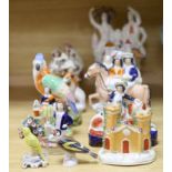 A collection of assorted Staffordshire figures and sundry ceramics including mid 18th century