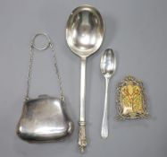 A George III Hester Bateman silver mustard spoon, 12.3cm, a George V silver apostle spoon, silver