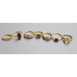 Seven assorted rings, including George V 18ct gold, opal and diamond five stone ring, size L,